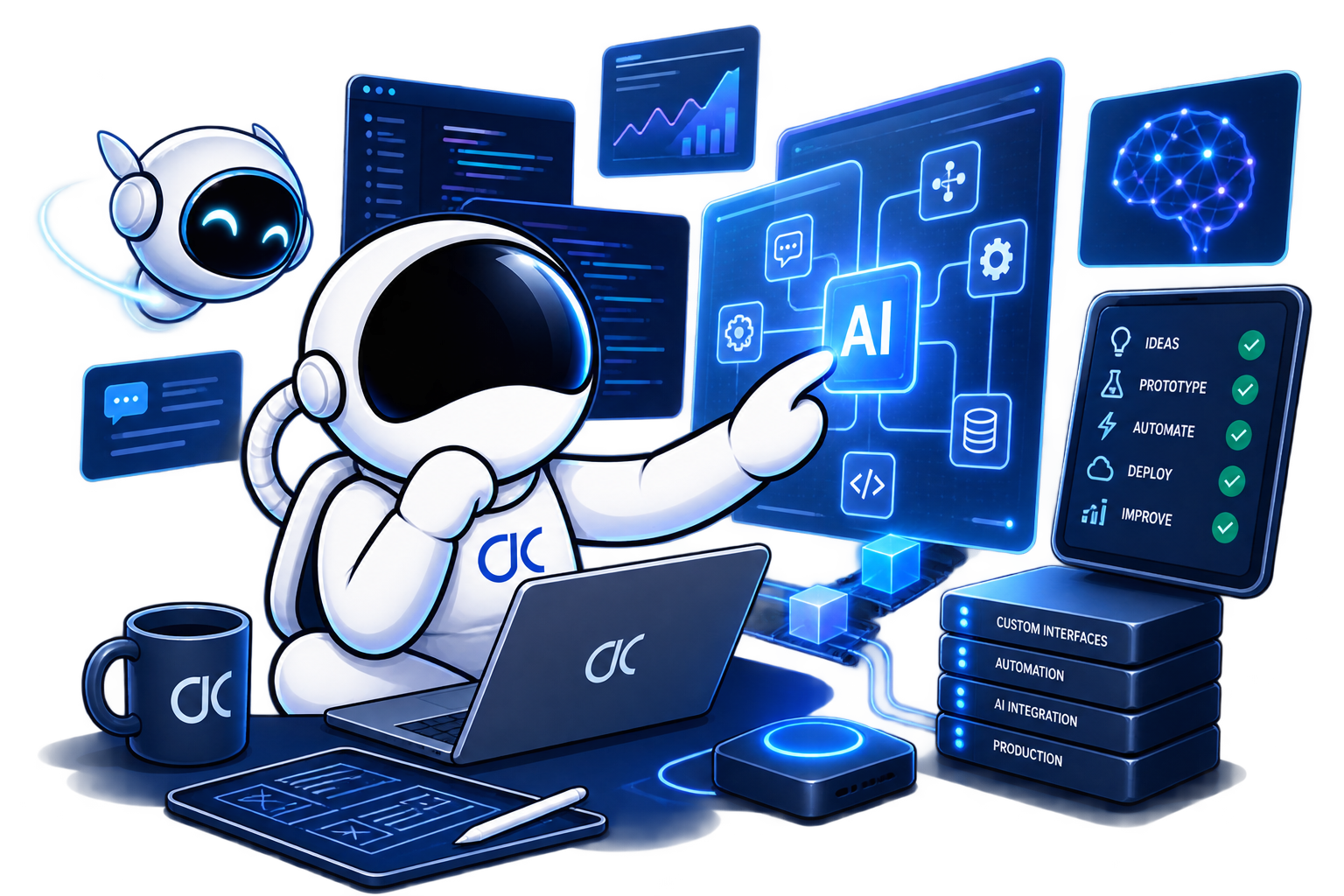 An astronaut using AI tools to connect workflow, automation, interfaces, and production systems