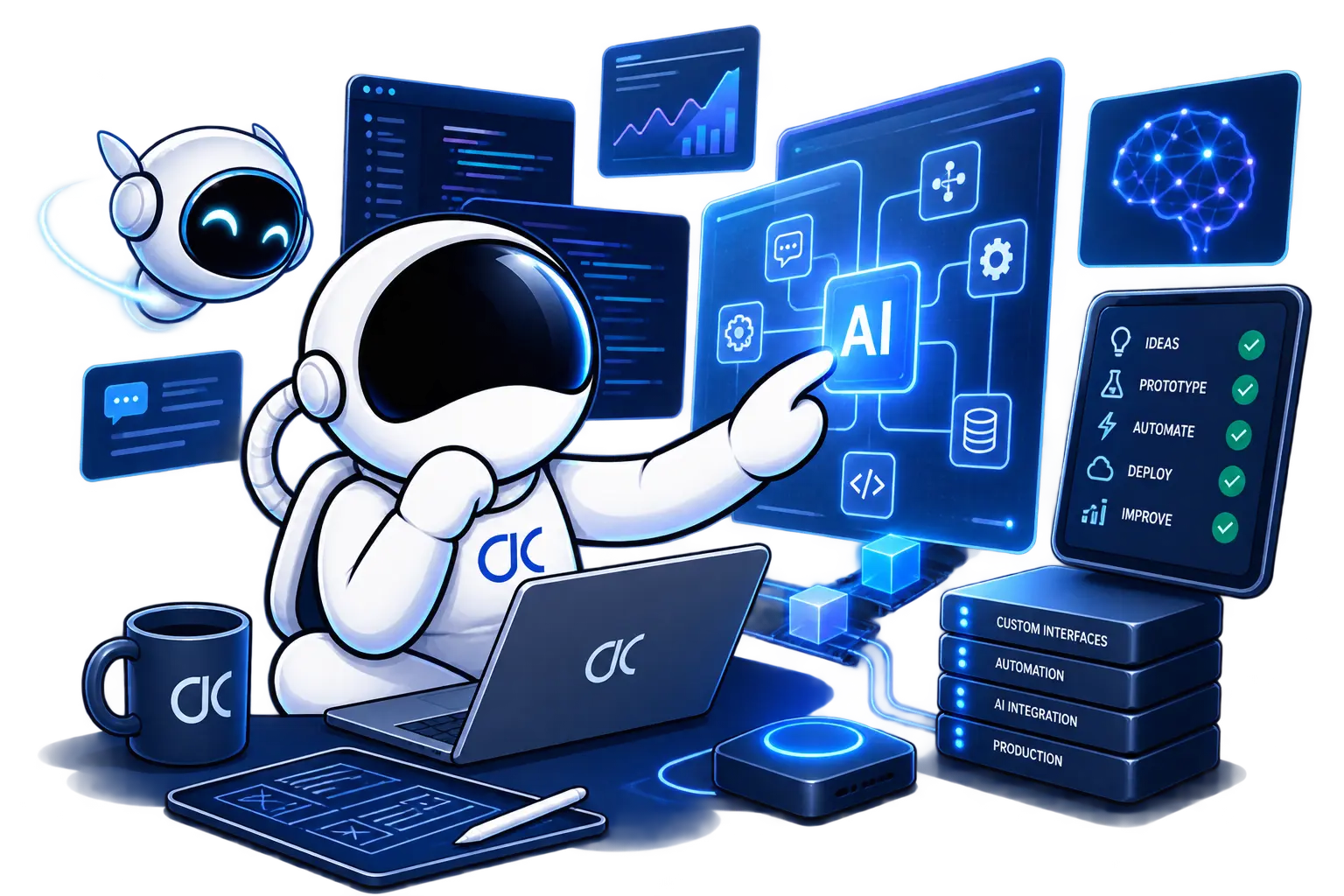 An astronaut using AI tools to connect workflow, automation, interfaces, and production systems