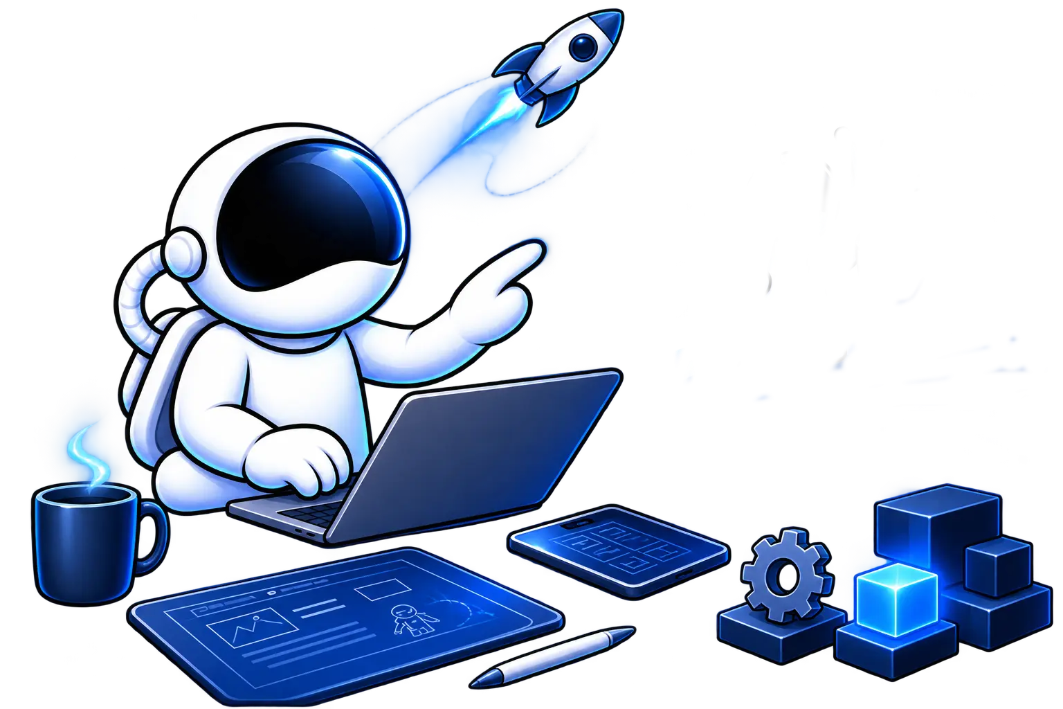 An astronaut working on original web products and custom JavaScript tools