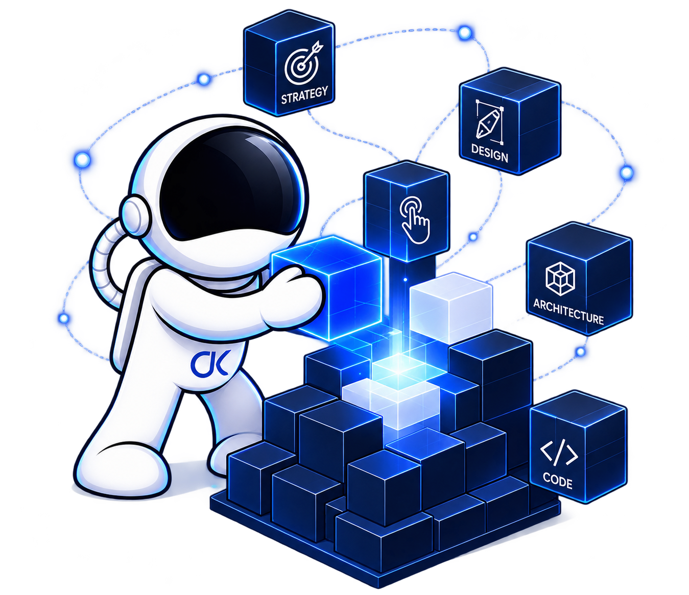 An astronaut assembling connected blocks labeled strategy, design, interaction, architecture, and code