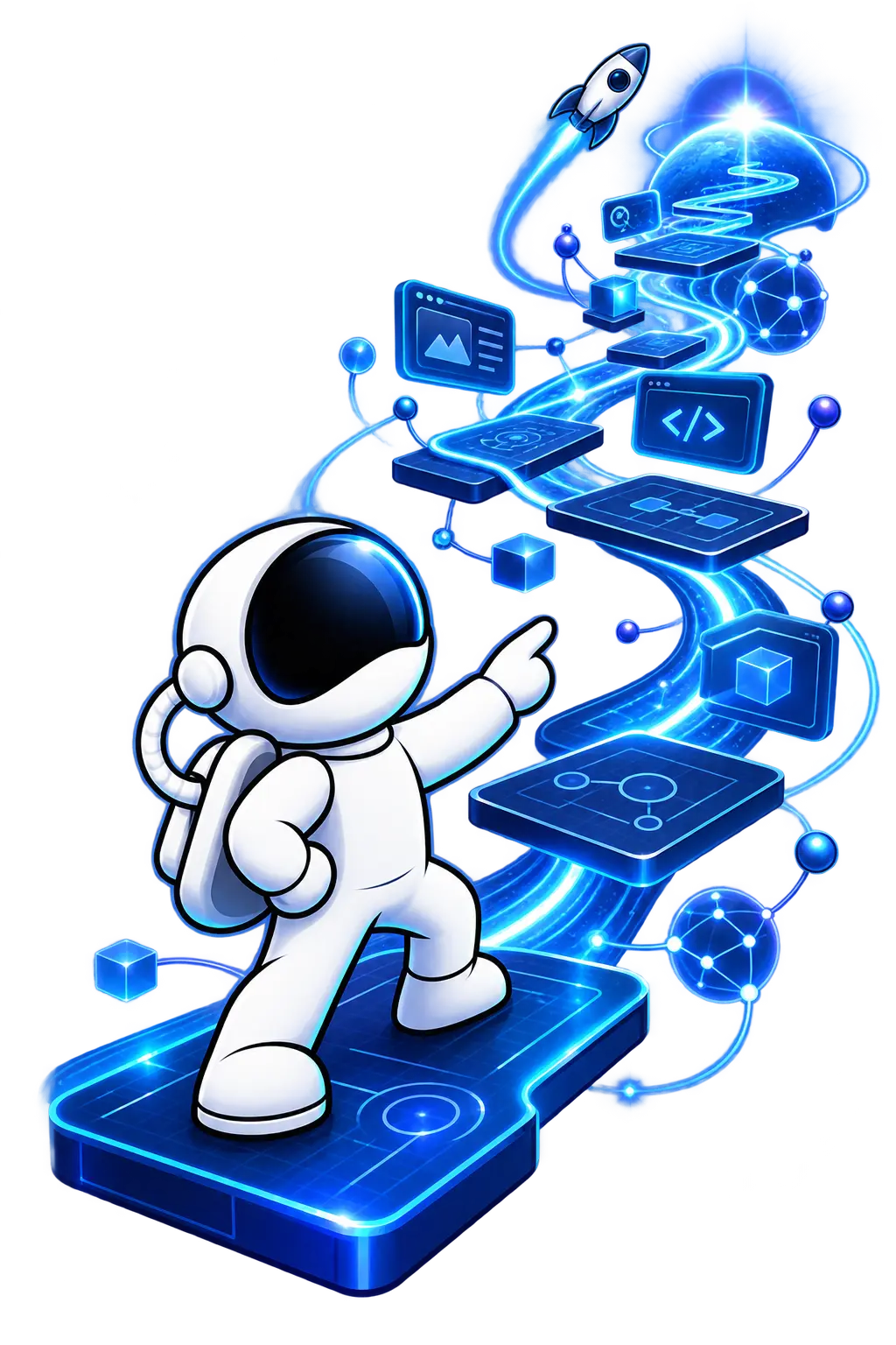 Astronaut stepping through a connected path of interfaces toward a rocket