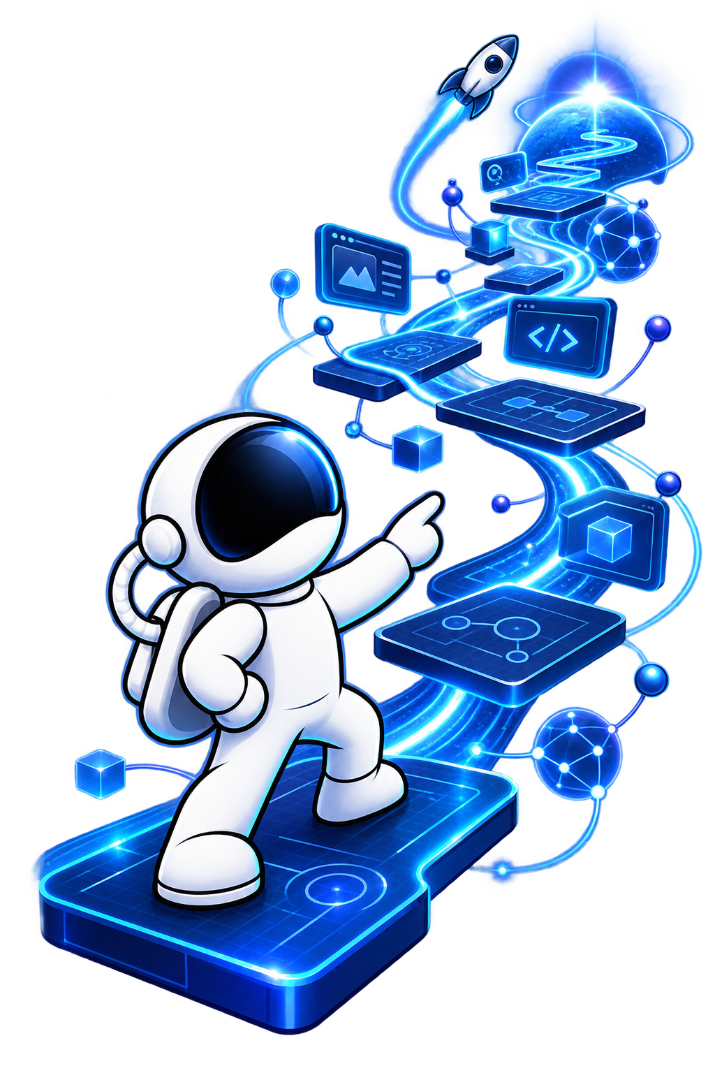 Astronaut stepping through a connected path of interfaces toward a rocket